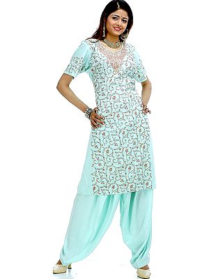 Tea-Green Two-Piece Salwar with All-Over Kashmiri Embroidery