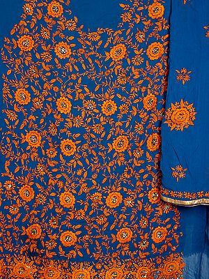 Teal-Blue Phulkari Salwar Kameez Fabric with Sequins and Hand-Embroidery in Amber Thread