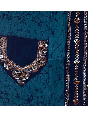 Tile-Blue Batik Salwar Kameez Fabric with Kantha Stiched Embroidery on Neck