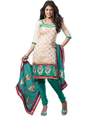 Toasted-Almond Choodidaar Kameez Suit with Embroidered Floral Border and Woven Bootis
