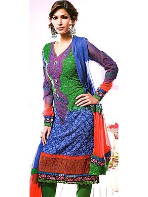 Tr-Color Chudidar Kameez Suit with Patchwork and Self-Colored Embroidery All-Over