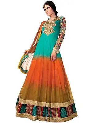 Tri-Color Bridal Anarkali Suit with Crewel Embroidery and Patch Border
