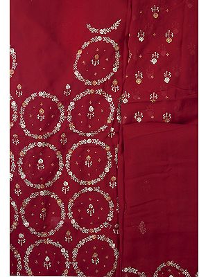 True-Red Salwar Kameez Fabric with Embroidered Flowers and Sequins All-Over