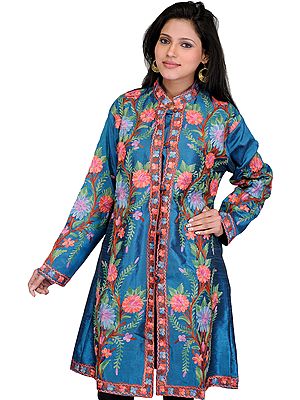 Turkish-Tile Long Jacket from Kashmir with Aari Embroidered Flowers by Hand