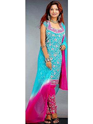 Turquoise and Fuchsia Choodidaar Floral Suit with Beads and Threadwork
