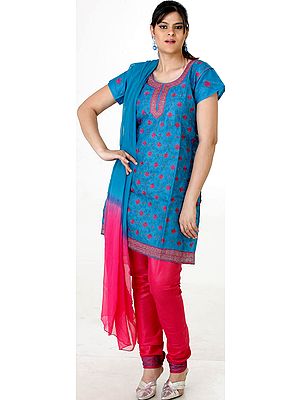 Turquoise and Fuchsia Choodidaar Suit with All-Over Embroidery