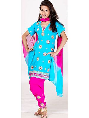 Turquoise and Magenta Choodidaar Suit with Crystals and Mirrors