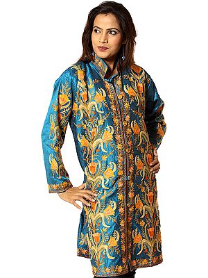 Turquoise Long Silk Jacket with Embroidered Tulips
