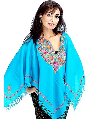 Turquoise Poncho with Hand-Embroidery on Borders