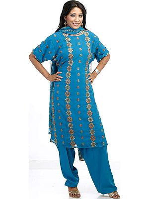 Turquoise Salwar Kameez with Floral Embroidery All-Over