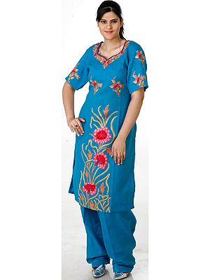 Turquoise Two-Piece Kashmiri Salwar Kameez with Aari Embroidery
