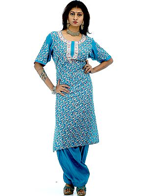 Turquoise Two-Piece Paisley Kashmiri Salwar Kameez with All-Over Aari Embroidery