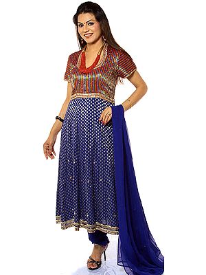Ultramarine-Blue Anarkali Suit with Woven Bootis and Beadwork