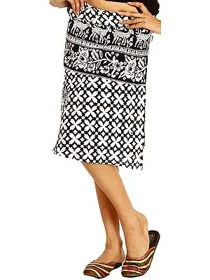 White and Black Wrap-around Mini-Skirt with Printed Deers and Flowers