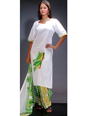 White and Green Printed Cotton Suit