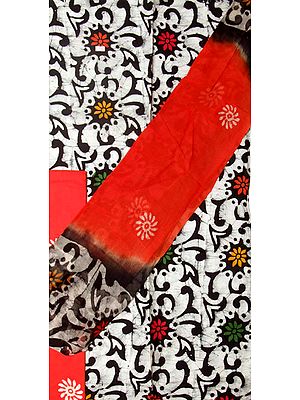 White Batik Salwar Kameez Fabric with Floral Print