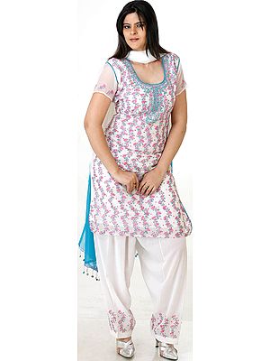 White Salwar Kameez Suit with Sequins and Double Colored Embroidery