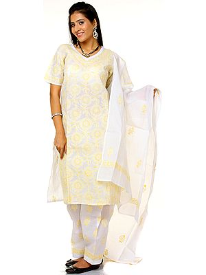 White Salwar Kameez with All-Over Lukhnavi Chikan Embroidery in Yellow Thread
