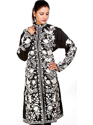 White Tulips Embroidered on a Black Long Jacket from Kashmir