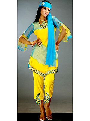 Yellow and Turquoise Capri Suit with Beads and Sequins