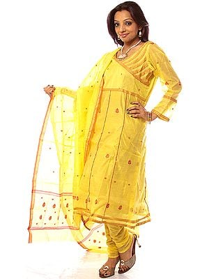 Yellow Angarakha Chanderi Suit with Red Bootis