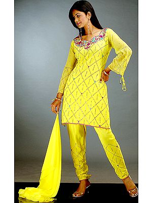 Yellow Choodidaar Suit with Threadwork and Sequins