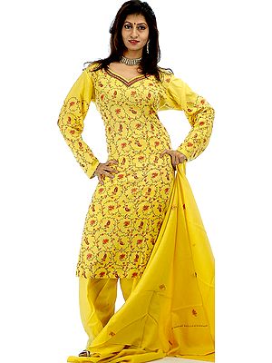 Yellow Needle Embroidered Salwar Suit with Shawl