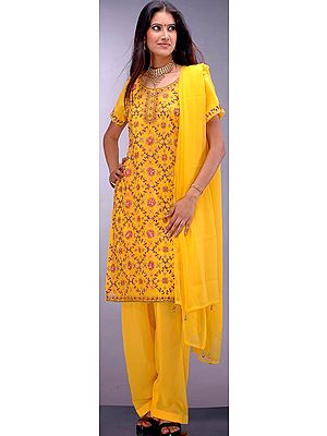 Yellow Salwar Suit with Dense Hand-Embroidery on Kameez