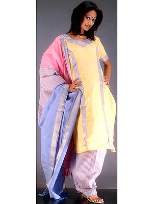Yellow Suit with Pink and Blue Salwar and Dupatta