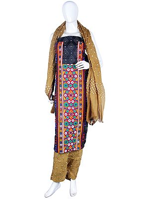 Bandhani Salwar Kameez Fabric from Gujarat with Multicolor Embroidery and Mirrors