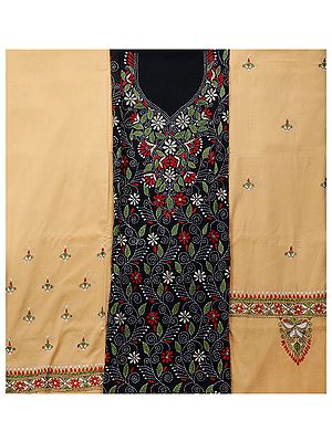 Black and Nugget Salwar Kameez Fabric from Kolkata with Kantha Hand-Embroidery