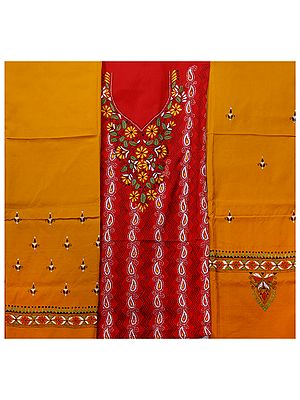 Red and Citrus Kantha Salwar Kameez Fabric from Kolkata with Hand-Embroidery