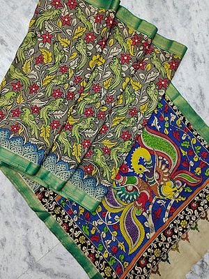 Multicolor Bangalore Silk Kalamkari Pen Art Sarees with Painted Parrots and Pair of Swan on Pallu