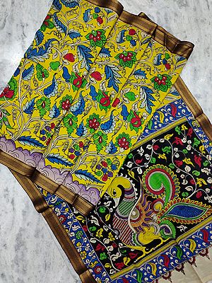Bangalore Silk Kalamkari Pen Art Multicolor Floral Vine Sarees with Swan Painted on Pallu