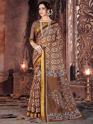 Russet-Brown Color Cotton Printed Saree with Blouse