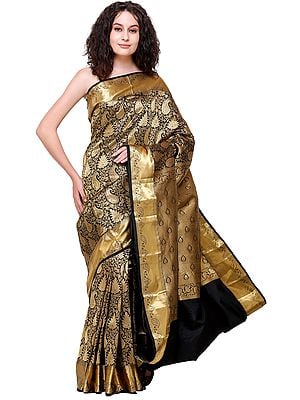 Jet-Black Brocaded Wedding Sari from Bangalore With Zari-Woven Florals and Paisleys
