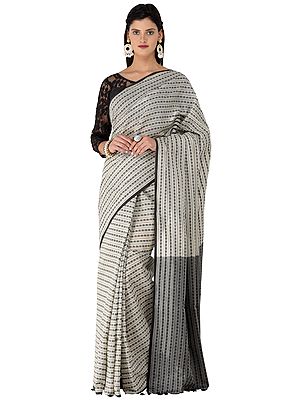 Black and Almond Handloom Cotton Sari from Kolkata with Woven Stripes and Bootis All-over