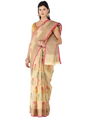 Banarasi Kora Silk Saree with Multi-coloured Woven Flowers All-over