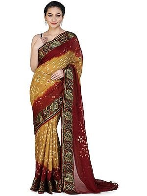 Red Bandini saree with green border silk saree with prestitched blouse  online usa – Shruthi's sarees