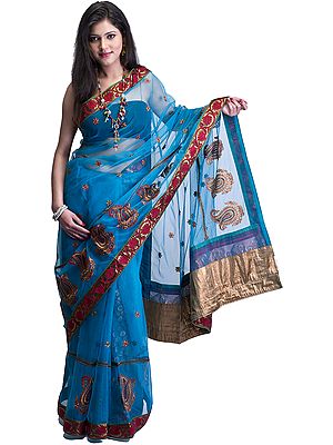 Algiers-Blue Designer Sari with Metallic Thread Embroidered Paisleys and Patch Border