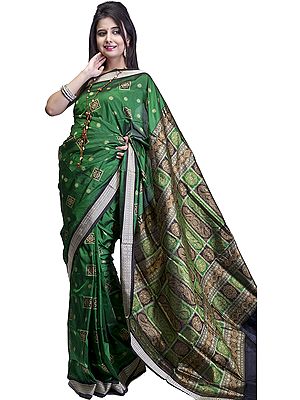 Amazon-Green Bomkai Sari with Woven Bootis and Box Pallu