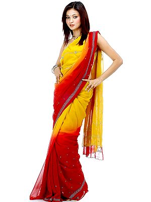 Amber and Maroon Sari with Sequins and Threadwork
