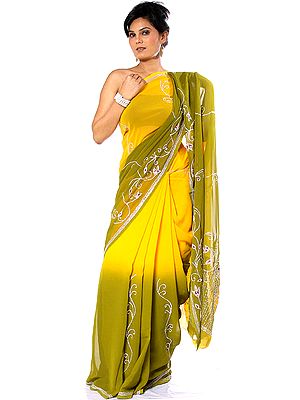 Amber and Olive Shaded Sari with Sequins Embroidered as Flowers