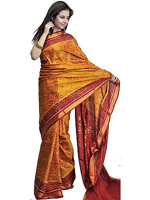 Amber and Red Di-chroic Gujarati Patan Patola Sari with Ikat Weave