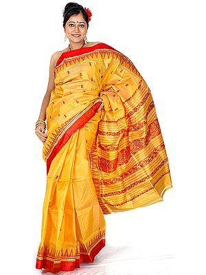 Amber Hand-woven Garad Sari from Bengal with Temple Border