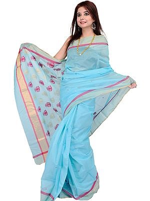 Angel-Blue Chanderi Sari with Wove Lotuses in Red and Golden Thread