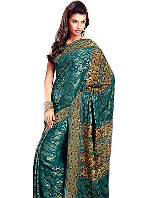 Antique-Green Designer Sari with Woven Flowers and Brocade Weave
