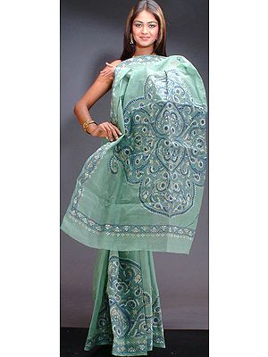 Aqua-Marine Kantha Stitch Sari