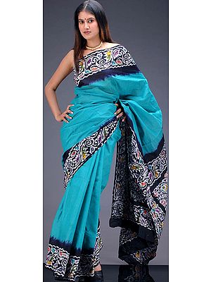 Aquamarine Sari with Batik Border