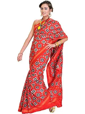 Aurora-Red Authentic Double Ikat Sari Hand-woven in Pochampally Village